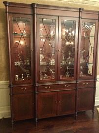 Custom Mahogany Glass Front 8 Door 3 Drawer Lighted Breakfront, (74” x 20" x 90”)