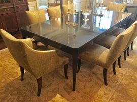8 Donghia Upholstered Dining Chairs, 6 Side, (21” x 22" x 36”) & 2 Arm (26” x 28" x 36”) Nancy Corzine Granite Top Dining Table, (96” x 48" x 30”)