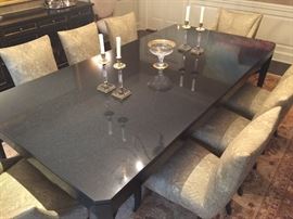 8 Donghia Upholstered Dining Chairs, 6 Side, (21” x 22" x 36”) & 2 Arm (26” x 28" x 36”) Nancy Corzine Granite Top Dining Table, (96” x 48" x 30”)