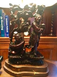 27" Chinese Motif Carved Wood Lamp w/ Custom Shade