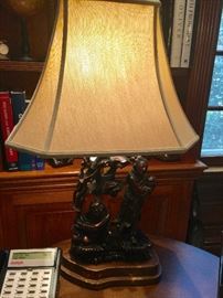27" Chinese Motif Carved Wood Lamp w/ Custom Shade