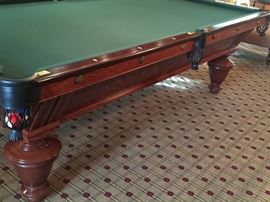 1890's Billiards Table, 50 x 100 Pocket. Narrangsett Model, Made from Quarter Sawed Golden Oak Wood w/ Vermont Slate Rails, American Walnut Pockets, Black Twin Cut w/Shields and Dark Spruce Cloth