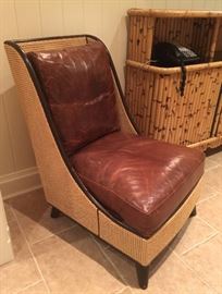 Pair of Rattan & Leather Cushion Side Chair w/ Wood Trim, (25” x 30" x 38”)