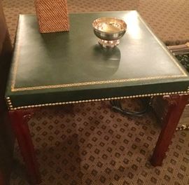 Pair of Square Gilt Embossed Green Leather Side Tables w/ Nailhead Detail and Wood Legs, (26” x 26" x 23”)