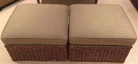 Pair of Wicker Base Ottomans w /Upholstered Cushions, (28” x 24" x 20”)