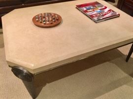 Octagonal Limestone Top Coffee Table w/ Metal Base, (36” x 48" x 19”)