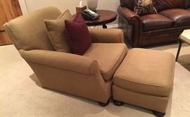 Taupe Upholstered Club Chair, (40” x 50" x 31”) & Matching Ottoman w/ Bun Feet, (28” x 21" x 16”)