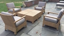 4 Kettal All Weather Wicker Arm Chairs w/Cushions, (27" x 29" x 33")
4 Kettal All Weather Wicker Square Ottomans, (21" x 21" x 17")
