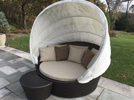 Dedon All Weather Wicker Round Chair w/Canvas Cabana, (65" x 34") & Matching Moon Shaped Ottoman, (25” x 16" x 15”)