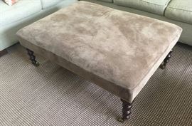 George Smith Grey Velvet Ottoman w/ Wood Legs & Casters, (45” x 35" x 18”)