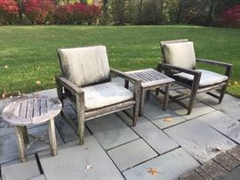 Pair of Kingsley Bate Outdoor Wood Arm Chairs w/Cushions, Round Side Table, and
Square Side Table