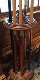 Antique Oak Cue Floor Stand w/ Original Finish, (14” x 62”) includes 6 Sticks