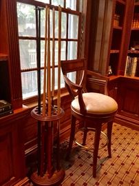 Antique Oak Cue Floor Stand w/ Original Finish, (14” x 62”) includes 6 Sticks Pair of Century Mahogany Bar Stools w/ Ultrasuede Seat, (23” x 26" x 45”)