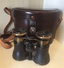 Antique Binoculars w/ Leather Case (7" x 4" x 6")
