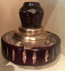 Cranberry Cut to Clear Antique Round Ink Well