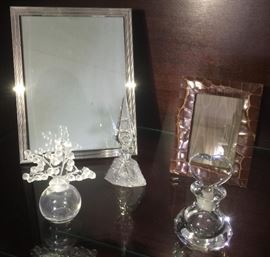 Collection of Lalique Perfume Bottles, Silver & Crocodile Frames