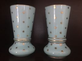 Pair of Portieux Vallerysthal Vases, Milky White w/Gold Trim & Stars. Marked France on the bottom. (6" x 3")