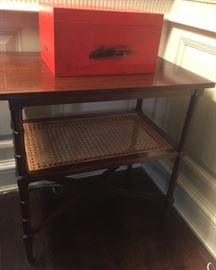 Asian Red Box & Mahogany w/ Cane Shelf Side Table