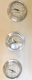3 Silver Tone Clocks- Chicago, New York & London