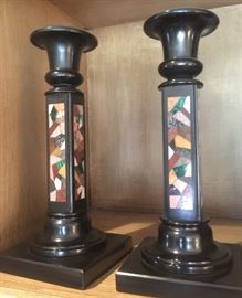 Pair of Black Candlesticks w/ Stone Inlay