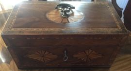 Antique Box w/ Wood Inlay & Brass Detail (9" x 5" x 5")