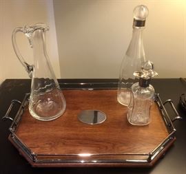 Octagon Shaped Wood and Sterling Silver Handled Tray (22" x 14") William Yeoward Margo Wine Pitcher Silver Topped Glass Decanter