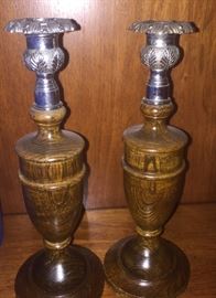 Pair of 11" Silver Top, Wood Base Candlesticks