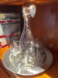 Pewter Plate, Glass Decanter & Glasses w/Pewter Animal Stopper and Bases