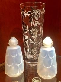 Glass Vase w/Floral Pattern, Pair of Scalloped Glass Salt & Pepper