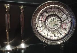 Pair of Silver Candlestick Holders Sterling Silver and Mosaic Plate