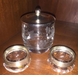 Pair of Silver Rimmed Crystal Bowls Etched Glass Bowl w/ Silver Lid