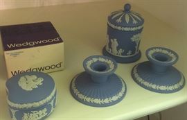 Collection of Blue Wedgewood (Pair of Candleholders, 2 Covered Boxes, Vase)