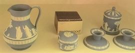 Collection of Blue Wedgewood (Pair of Candleholders, 2 Covered Boxes, Vase)