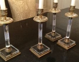 4 Antique Candleholders of Crystal and Brass Details