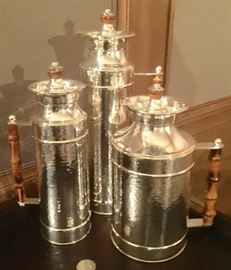 3 Silver Thermoses w/ Bamboo Handles