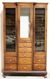 Antique oak industrial medical cabinet