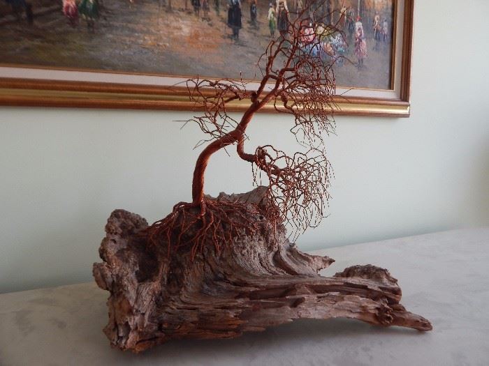 Art ... rustic drift wood base and a sewn tree with character.