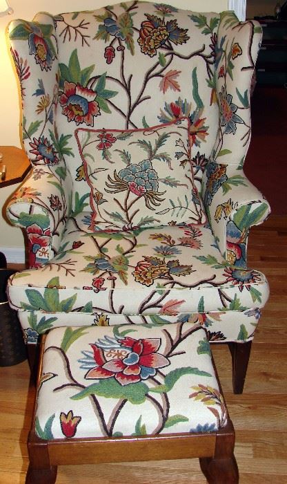 Lovely crewel wingback chair and matching footstool