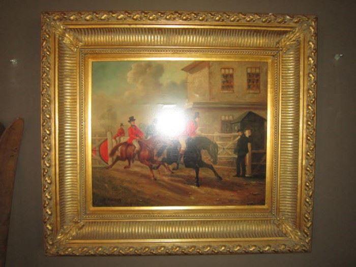Hunt scene original oil by R. Pittman in beautiful gold frame