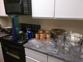 Miscellaneous kitchen items, copper pots, coffee grinder, coffee pot, Etc