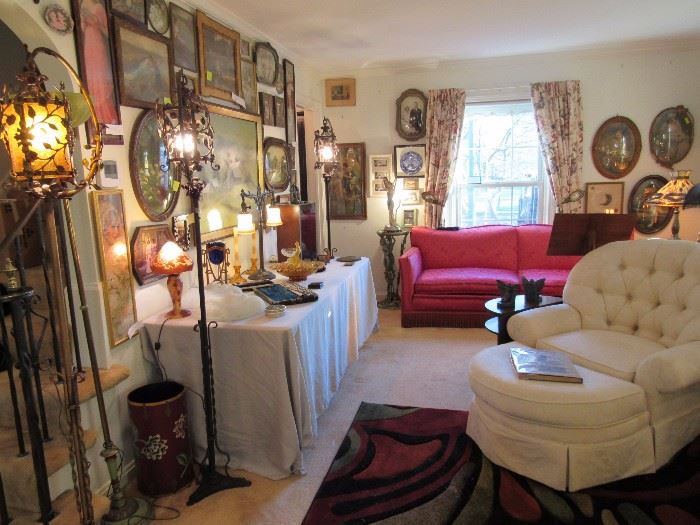 Looking back toward the main living room, you might notice the tall, floor lamps with amber crackle glass shades, a Reynolds Flute and an Armstrong Piccolo, more lamps and beautifully framed art. 