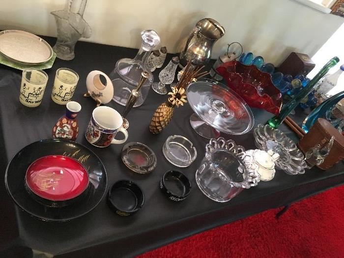 Old ash trays, vintage cut glass & crystal, trivets, candy bowls, silver plate & more...