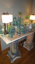 Vintage Chimneys with marble top for table, vintage blue canning jars 