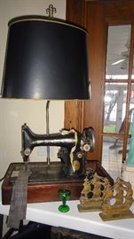 Singer sewing machine lamp, boat book ends 