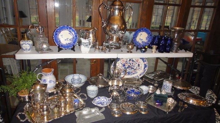 Formal silver plate coffee urn, tea set, serving pieces, blue dishware and serving pieces 
