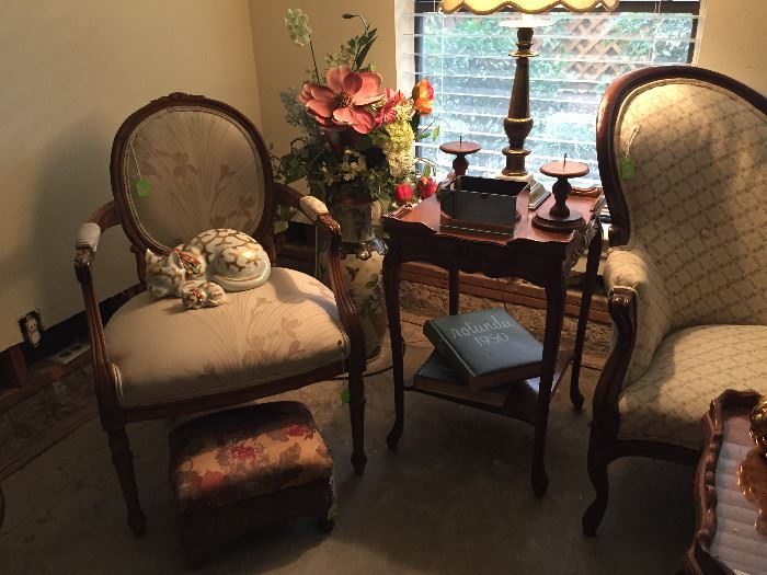 Vintage side chairs, foot stool, lamp, side table, ceramic cats