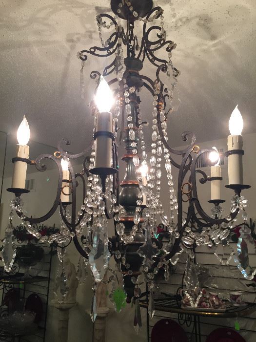 Wrought Iron and Crystal Chandelier