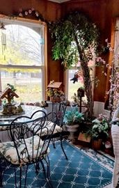 Wrought Iron & Glass Table with Four Chairs, Faux Topiaries & Trees