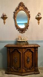 Small Entry Console, Syroco Style Mirror with Sconces, Vintage Victorian Porcelain Carriage Figurine with Brass Base