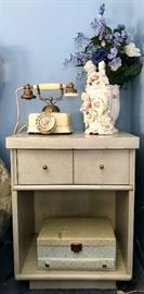 Vintage Small Night Stand, Vintage Rotary Phone, French Ceramic Figural Vase with Faux Flowers, Vintage Jewelry Box